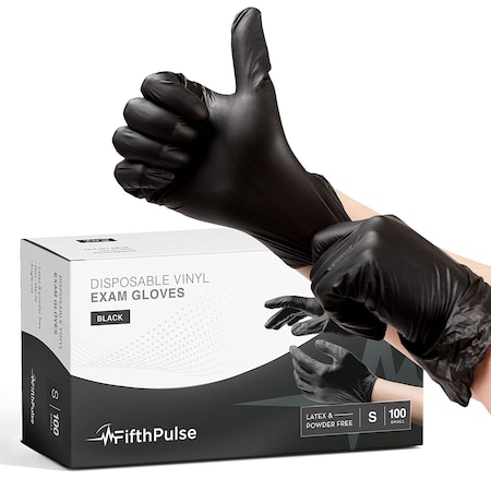 Fifthpulse FMN1000, Disposable Gloves, 3 mil Palm, Vinyl, Powder-Free, S, 100 PK, Black FP-V-100-S-BLK